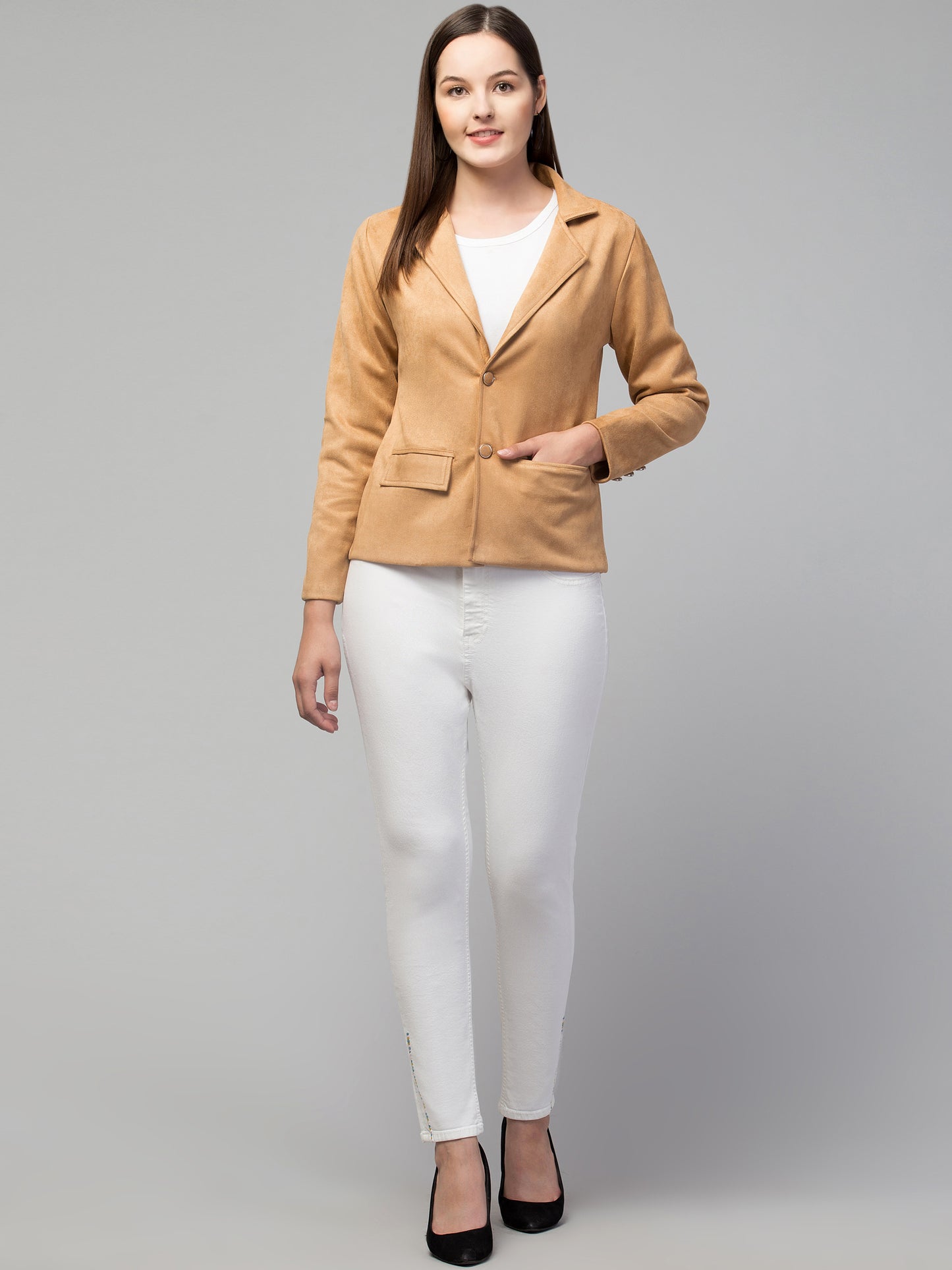 Light Brown Color Suede Fabric Girls Blazer
