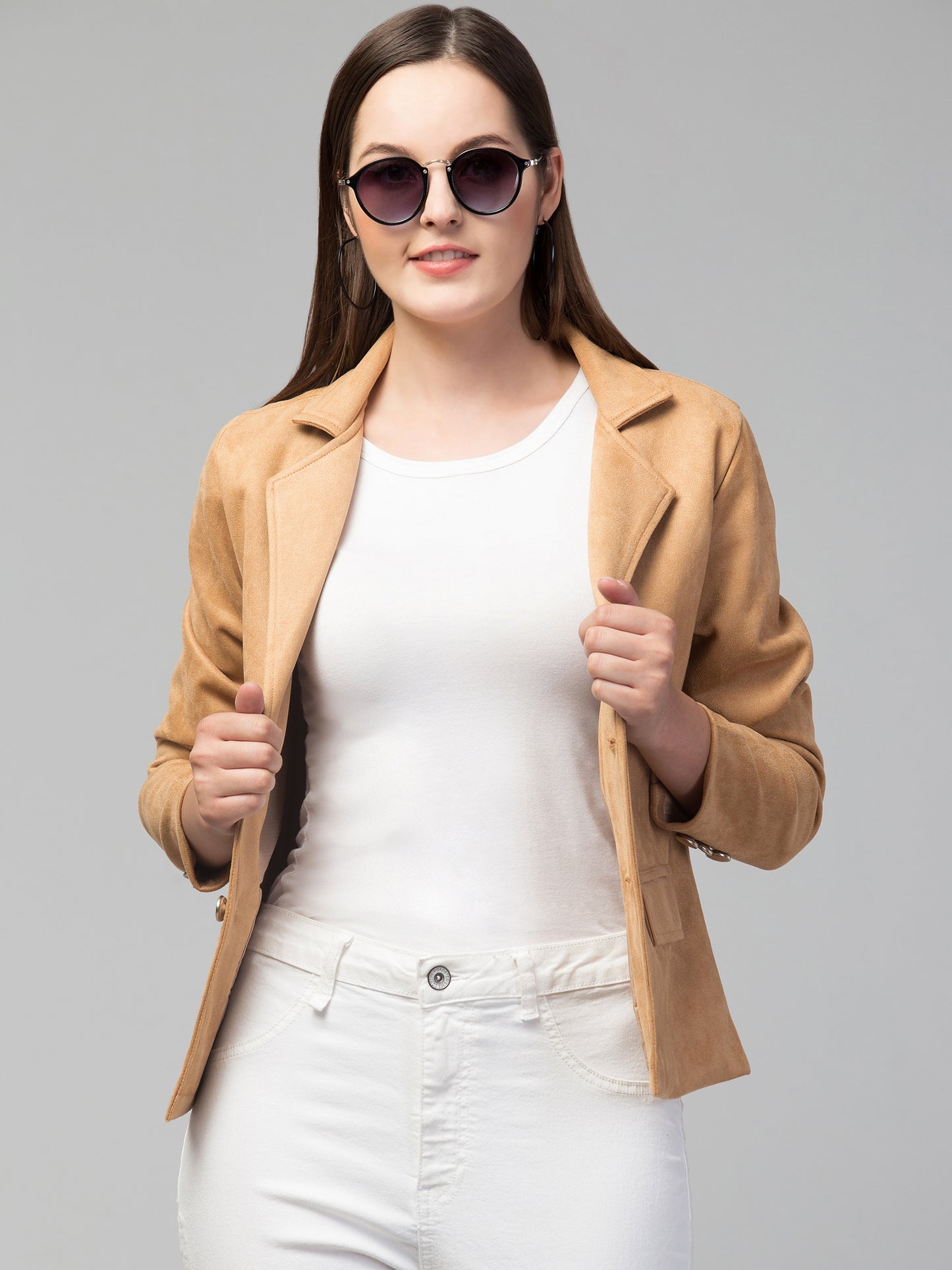 Light Brown Color Suede Fabric Girls Blazer