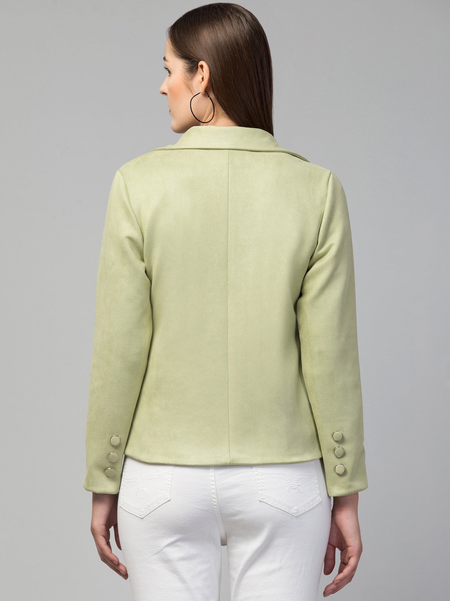 Light Green Color Suede Fabric Girls Blazer