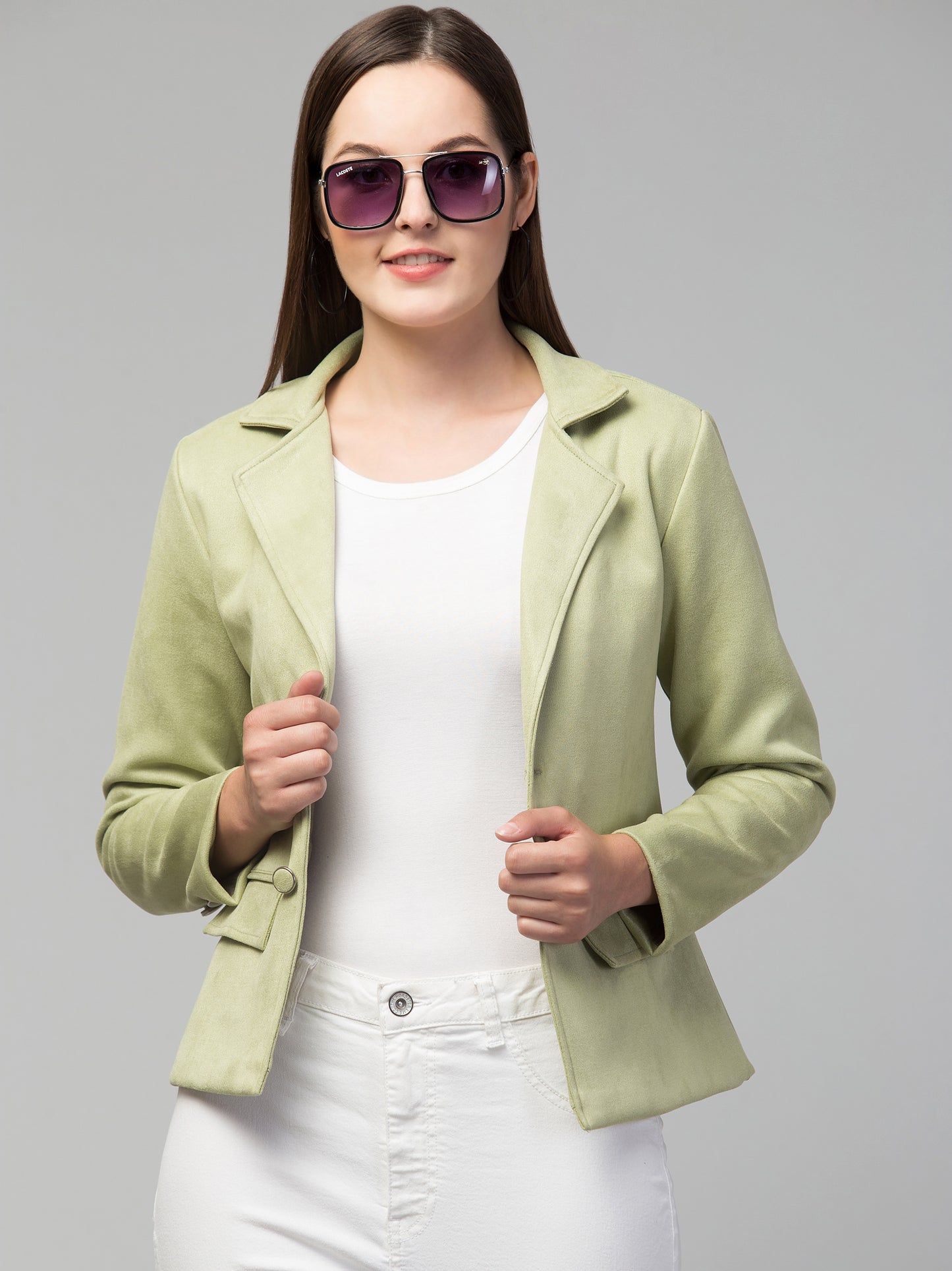 Light Green Color Suede Fabric Girls Blazer