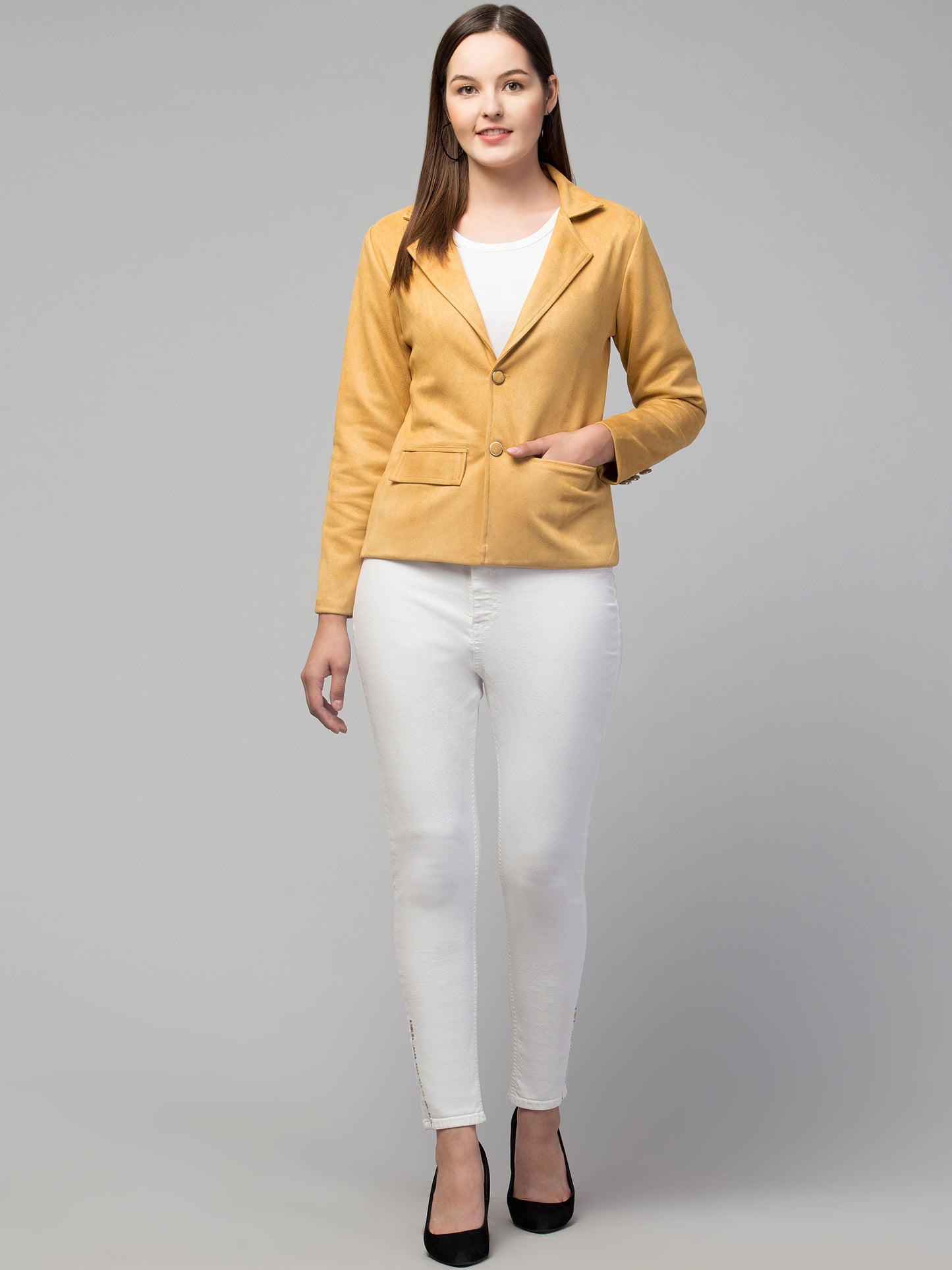 Mustard Color Suede Fabric Girls Blazer