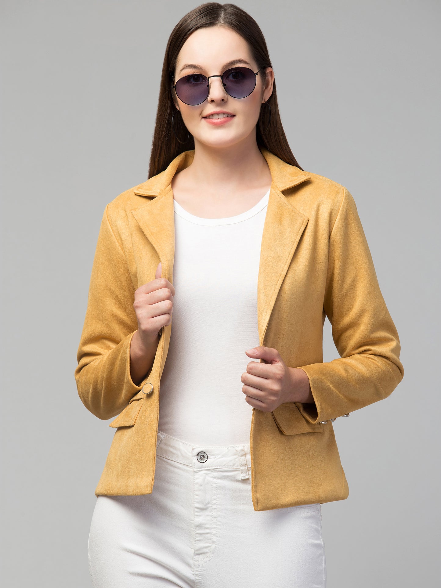 Mustard Color Suede Fabric Girls Blazer