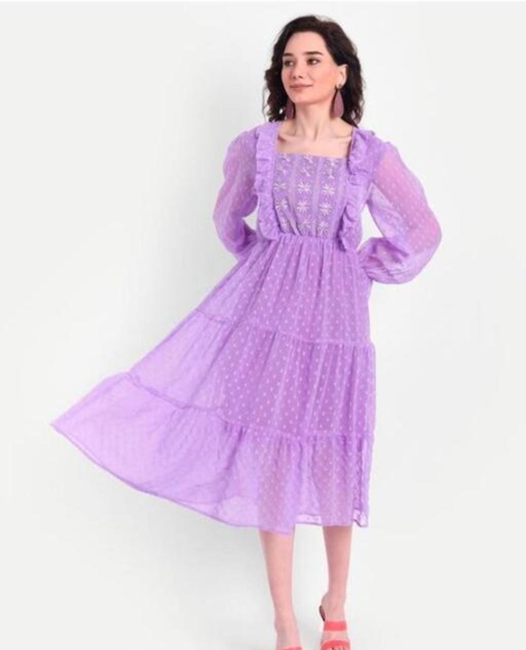 Lavender Georgette Dobby Middi Embroidered Dress
