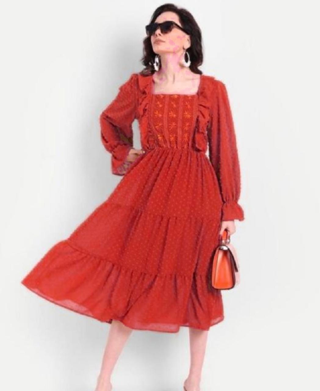 Red Georgette Dobby Middi Embroidered Dress
