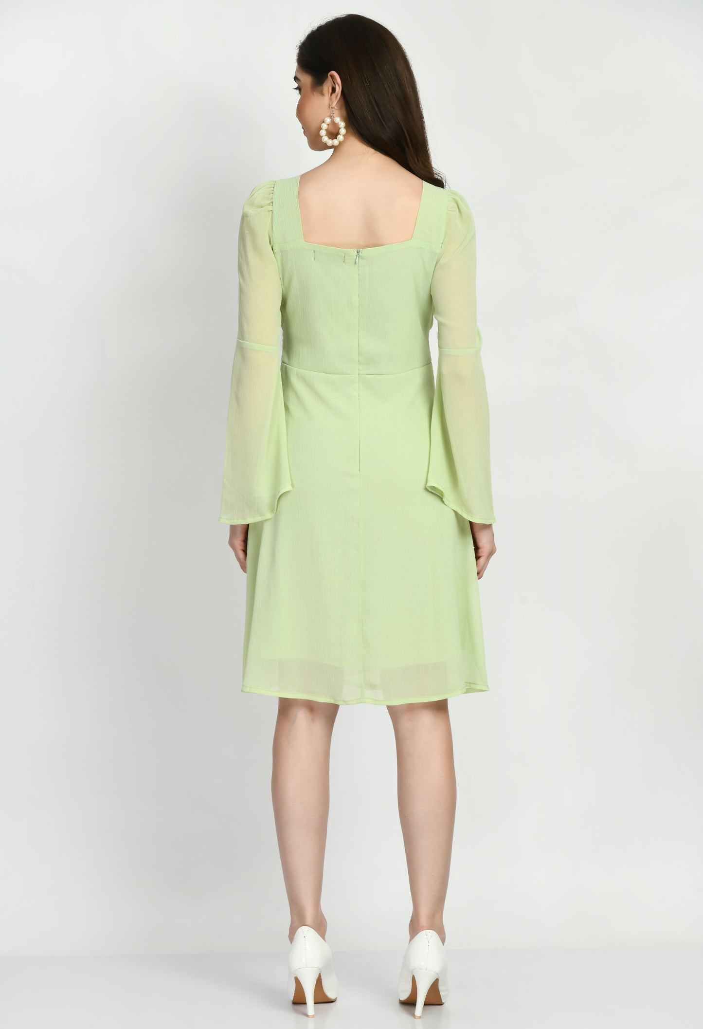 Green Chiffon Lace Work Girls Dress with Lining