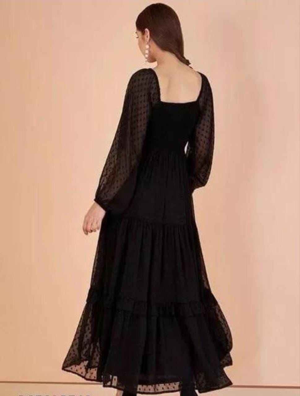 Black Georgette Dobby Flare Dress