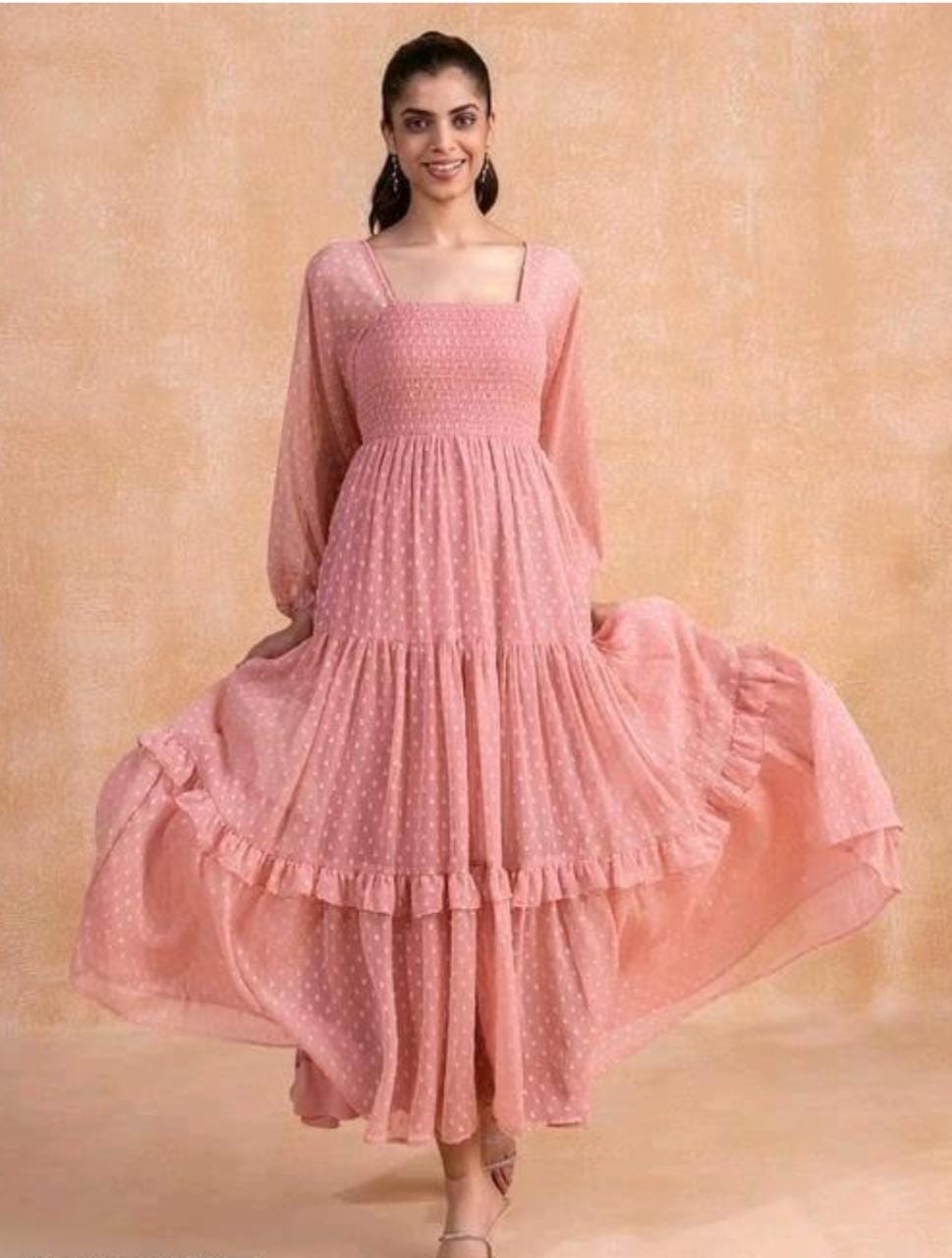 Peach Georgette Dobby Flare Dress