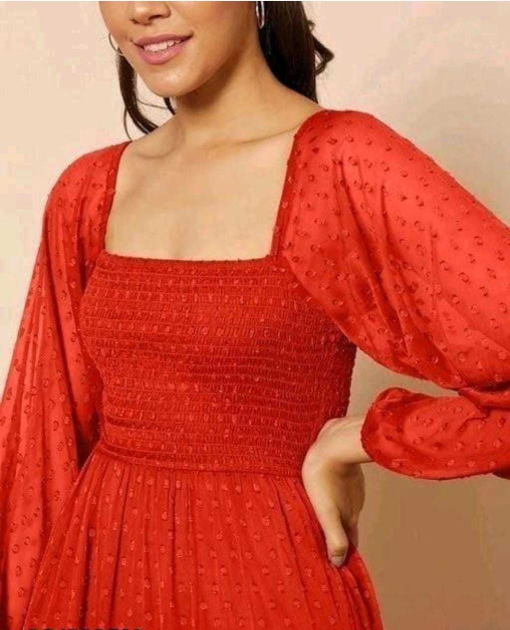 Red Georgette Dobby Flare Dress
