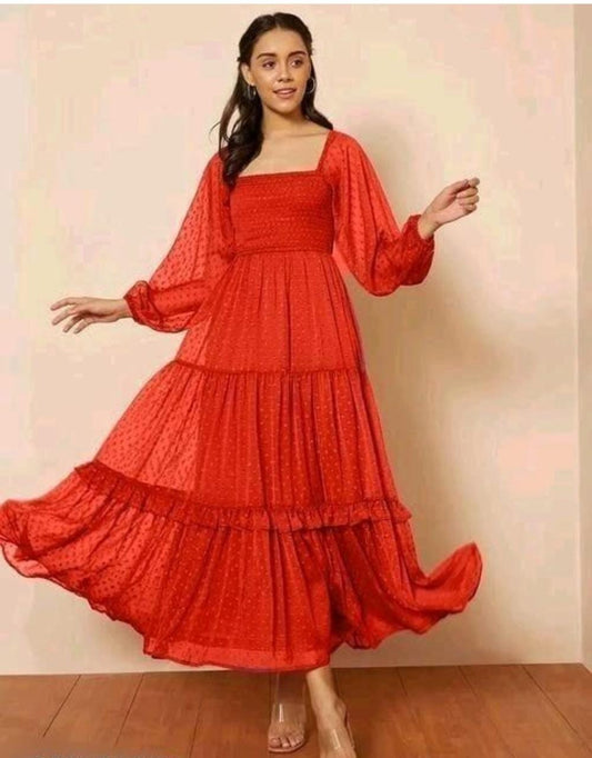 Red Georgette Dobby Flare Dress