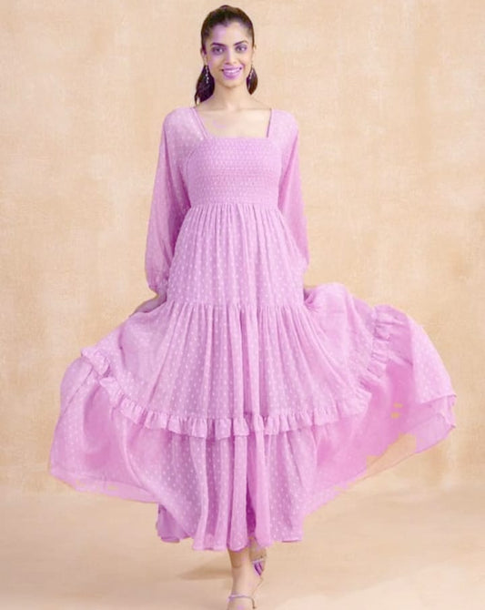 Baby Pink Georgette Dobby Flare Dress