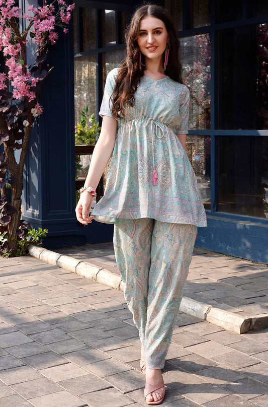 Sky Blue Rayon Paisley & Floral Printed Co-Ord Set