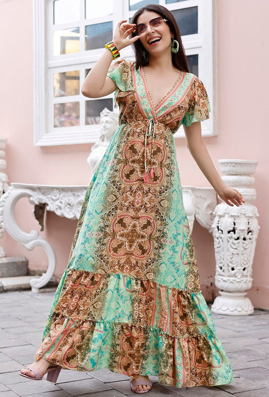 Sea Green Rayon Foil Printed Long Dress