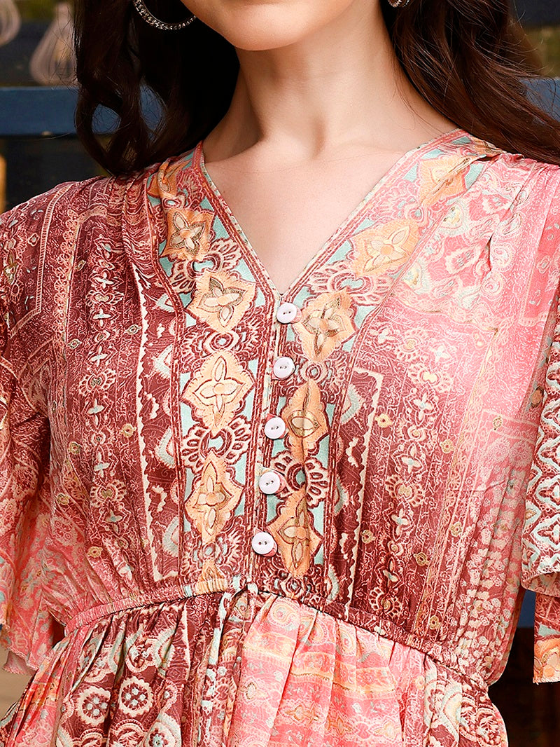 Exclusive Peach Crepe Abstract Printed Short Dress