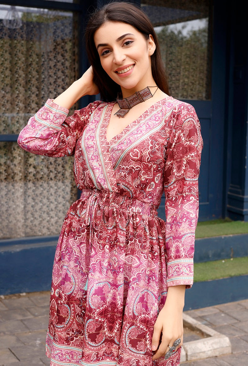 Designer Pink Rayon Floral Printed Short Dress