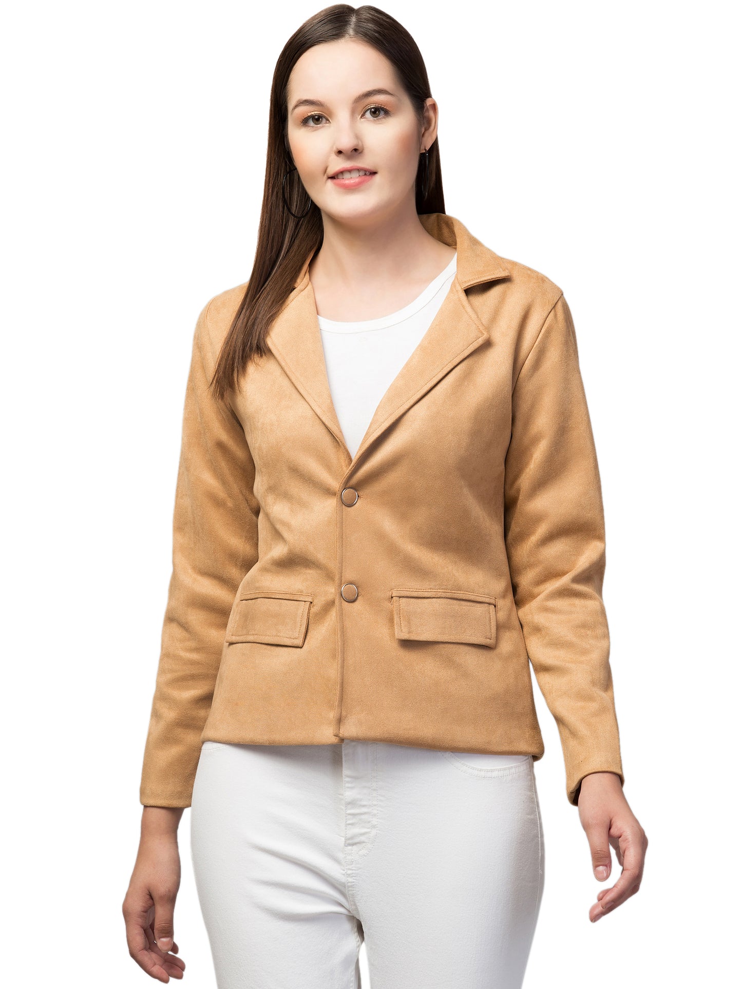Light Brown Color Suede Fabric Girls Blazer