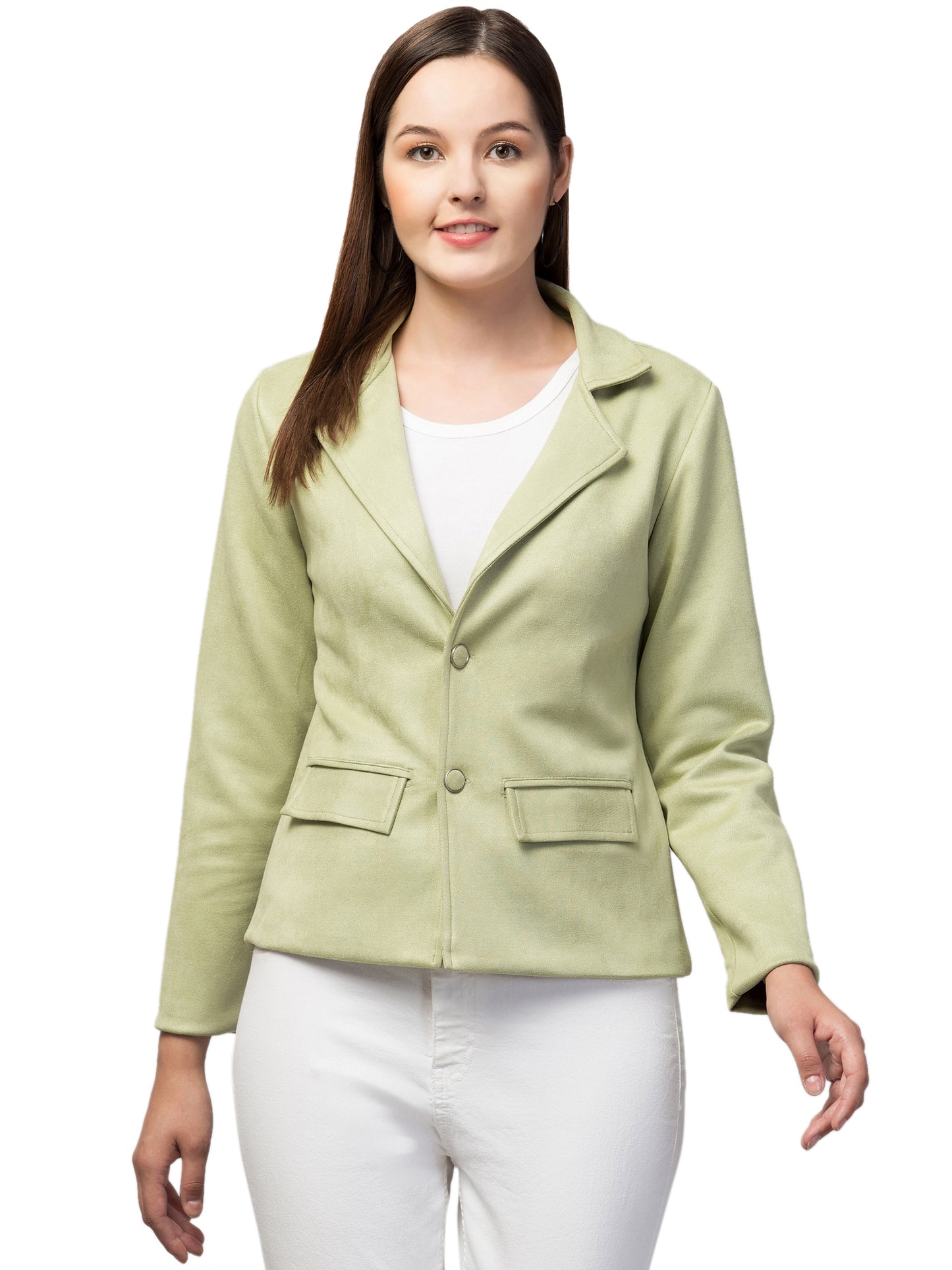Light Green Color Suede Fabric Girls Blazer