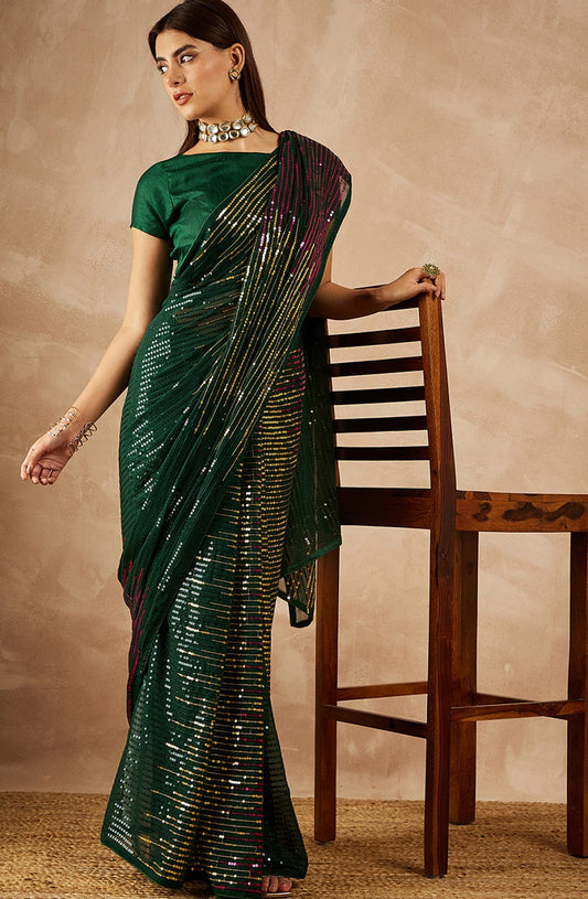 Designer Green Georgette Sequence Embroidered Saree