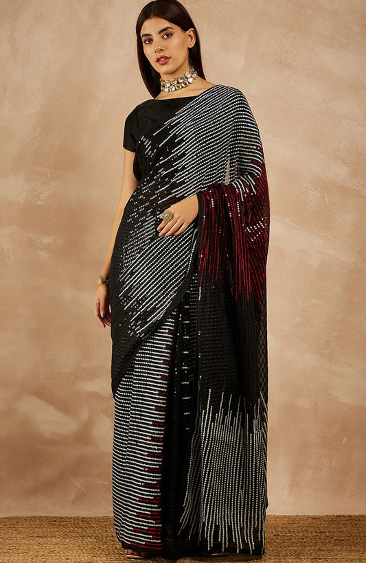 Designer Black Georgette Sequence Embroidered Saree