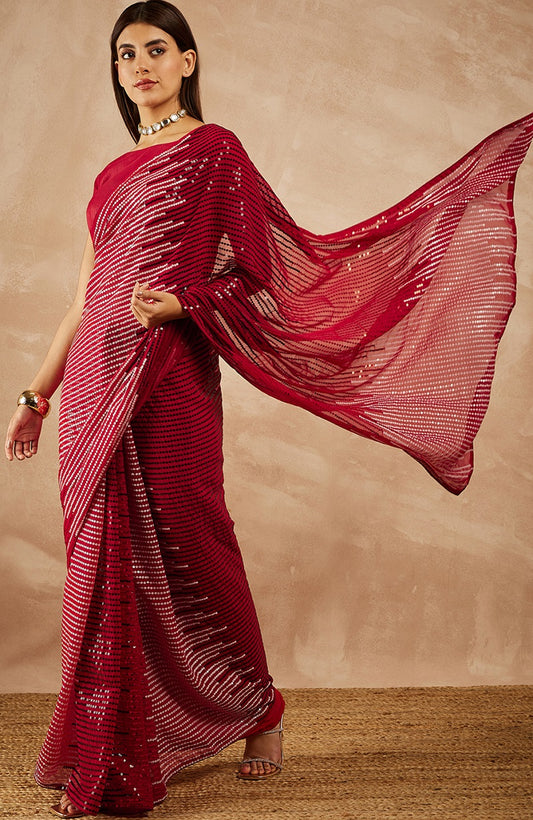 Designer Red Georgette Sequence Embroidered Saree